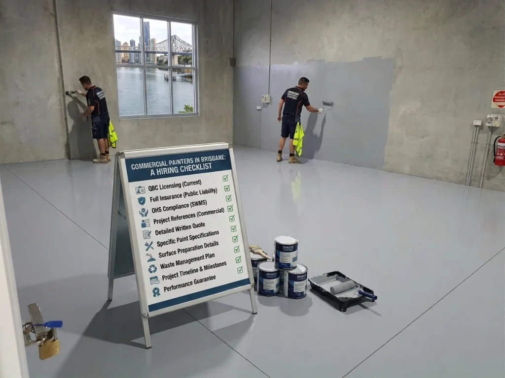 A checklist sign for hiring commercial painters is shown in the foreground of a large workshop where two painters are actively working. Stacked paint cans are nearby.