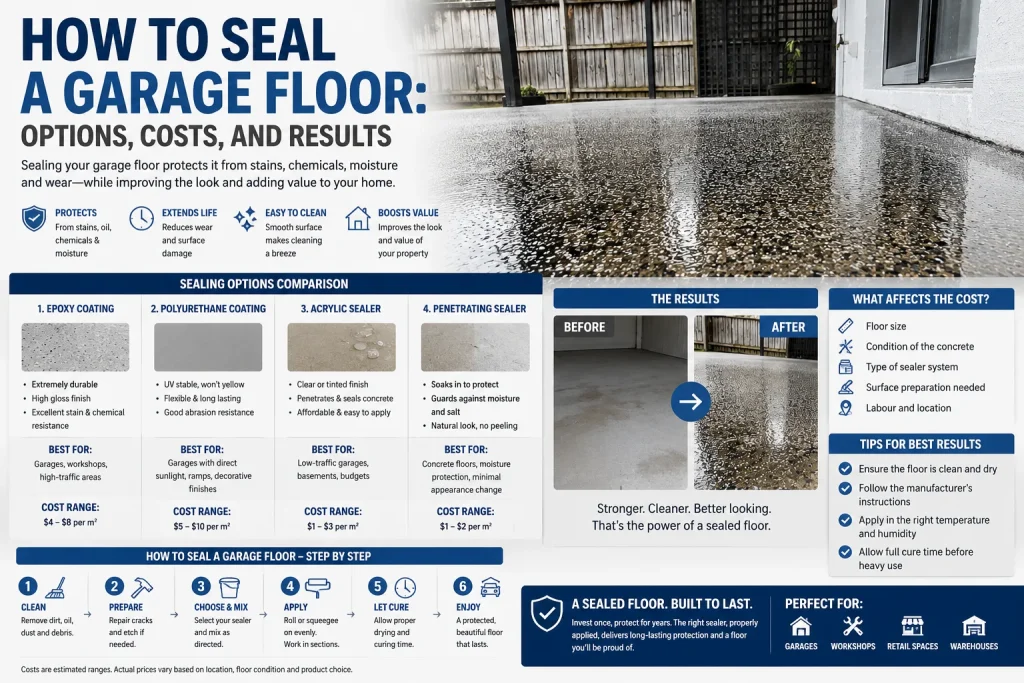 Infographic explaining how to seal a garage floor, comparing epoxy, polyurethane, acrylic, and penetrating sealers with installation steps, cost factors, and before-and-after results on a sealed concrete garage floor.