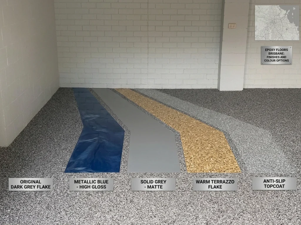 A garage interior is shown with multiple distinct sections of epoxy flooring finishes. Labels point to options like Metallic Blue - High Gloss, Solid Grey - Matte, and Terrazzo Flake. A sign on the wall is titled 'EPOXY FLOORS BRISBANE: FINISHES AND COLOUR OPTIONS', next to a small map.