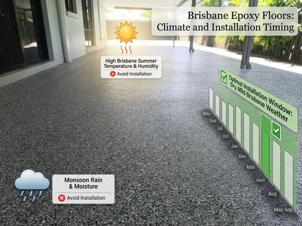 A combined photo and infographic of an outdoor grey flake epoxy floor patio.