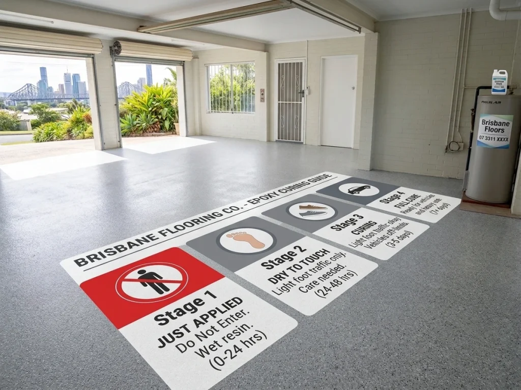 An interior view of a garage with a grey speckle epoxy floor. Overlaid is a 4-step informational guide with icons and timelines for epoxy curing, from a red 'no access' for wet resin to full vehicle readiness after 7+ days. In the background, open garage doors look out on a city.