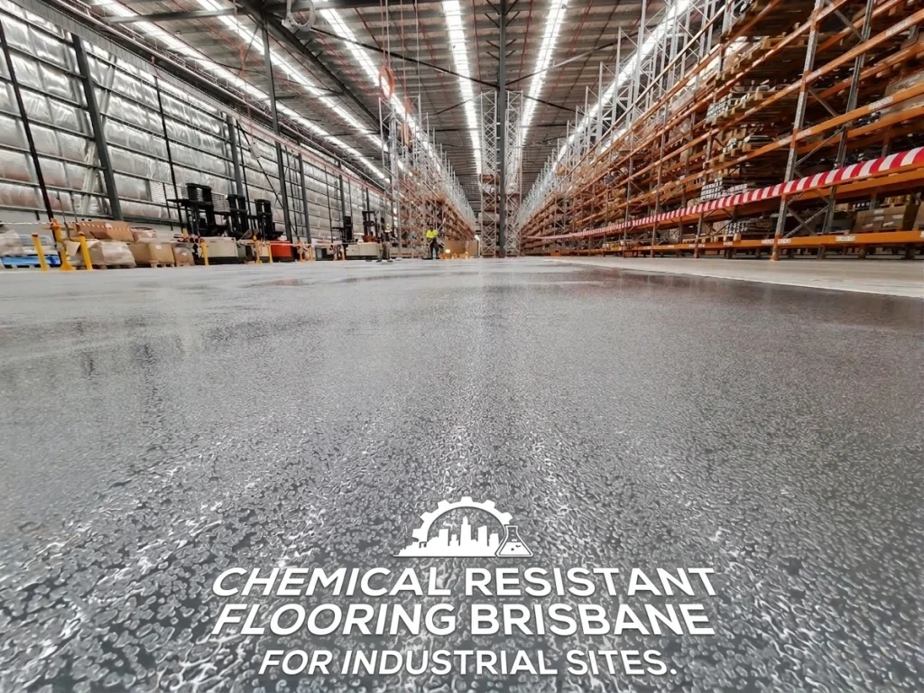 Low-angle view looking down a long warehouse aisle with high racking and forklifts. A grey, high-gloss, textured floor features a central text logo promoting "CHEMICAL RESISTANT FLOORING BRISBANE FOR INDUSTRIAL SITES."