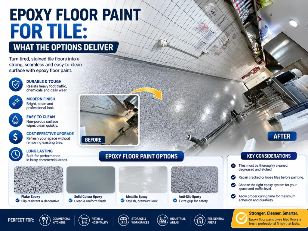 Infographic comparing epoxy floor paint options for tiled floors, featuring a commercial tiled space with a decorative flake epoxy finish, before-and-after transformation, key benefits, and recommended applications.